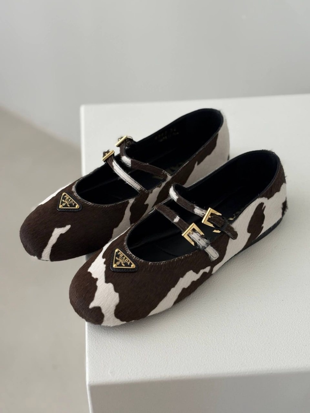 Prada Brown & White Cow-Print Mary Jane Shoes